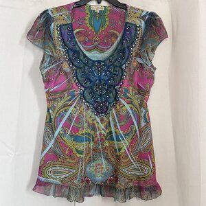 Fairycore Women Top Large Petite Sheer Flutter Embellished Ruffle Lace Y2K 18368